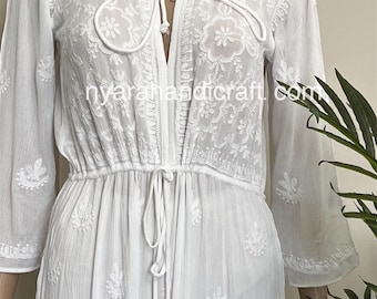 White Chikankari Dress on Crushed Cotton /Free Shipping in US