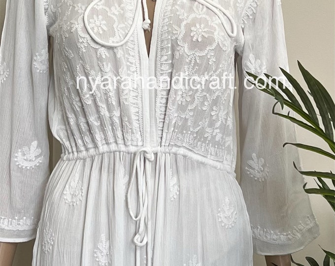 White Chikankari Dress on Crushed Cotton /Free Shipping in US