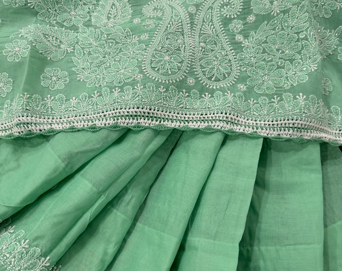 Cutdana Add-on Sea Green Chikankari Cotton Saree / Fall and Petticoat Included / Free Shipping in US