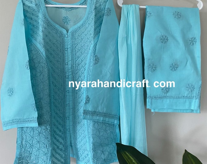 Girls pure cotton blue kurta set/Free Shipping in US