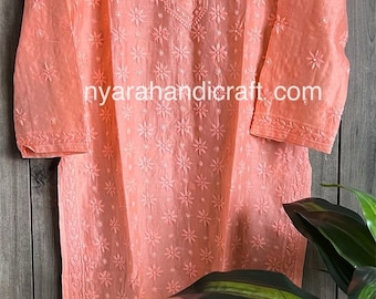 Lucknow Chikankari Pure Chanderi Silk Peach Kurta / Free Shipping in US