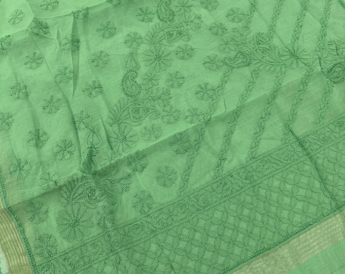 Green Chikankari Saree on Chanderi Silk Cotton / Petticoat included / Free Shipping