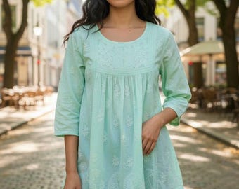 Chikankari Short A line Blouse / Kurti / Pure Cotton / Hand Embroidered /Free Shipping in US
