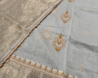 Pure Chanderi Silk Off White Chikankari Banarasi Saree / Fall and Petticoat included/ Free Shipping in US