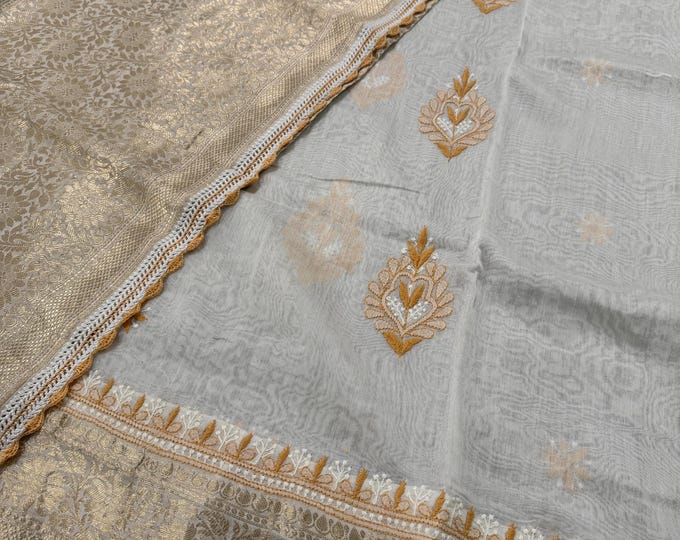 Pure Chanderi Silk Off White Chikankari Banarasi Saree / Fall and Petticoat included/ Free Shipping in US