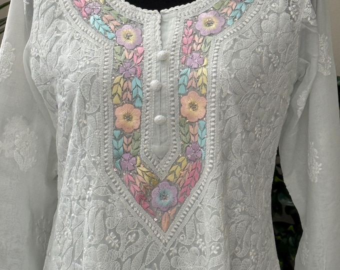 Parsi Embroidery Ice Blue Chikankari Kurta / Liner included/Free Shipping in US
