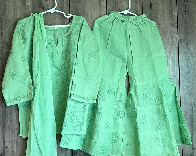 Girls Green Short Kurta and Sharara Set / Soft Cotton /Free Shipping in US