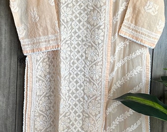 Lucknow Chikankari Peach Kurta /  Soft Malmal Cotton /Free Shipping in US
