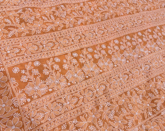 All Over Chikankari Saree Peachy Orange /With  Petticoat / Heavy all over hand embroidery/Free Shipping in US