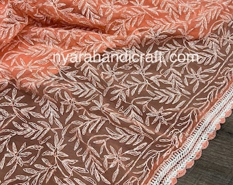 Lightweight Chikankari Saree with Petticoat / Peach Saree / Free Shipping in US