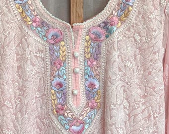 Soft Cotton Kurta with Chikankari and Parsi Embroidery  / Liner included/Free Shipping in US
