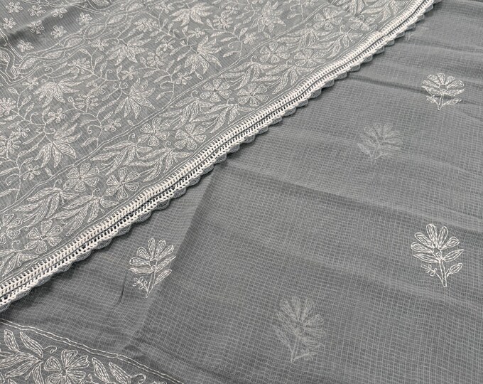 Gray Chikankari Pure Kota Cotton Saree /Fall and Petticoat Included / Free Shipping in US