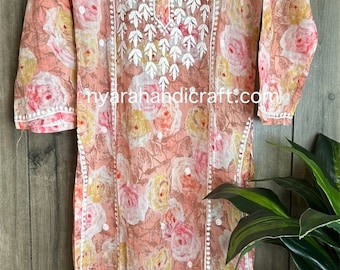 Peach Floral Printed Chikankari Kurta on Soft Pure Cotton / Free Shipping in US
