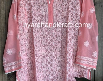 Coral Pink Chikankari Short Kurti Blouse / Georgette with Mukaish/ Liner included/ Free Shipping in US