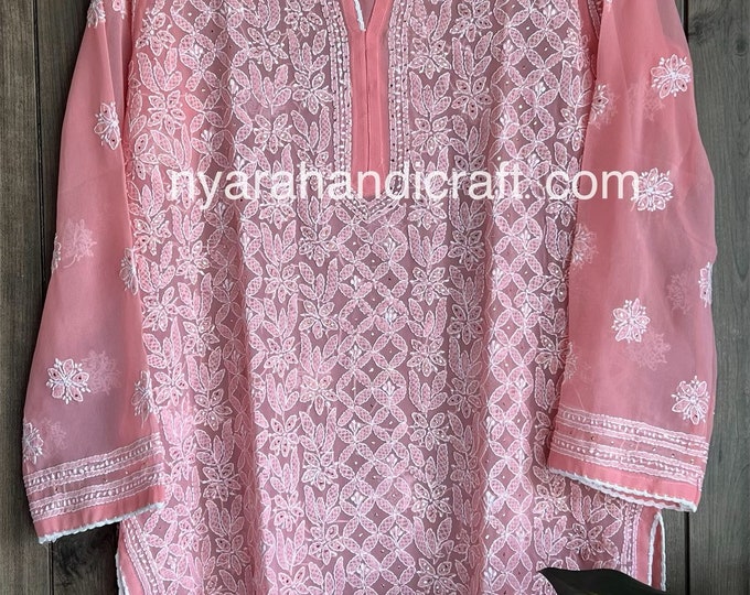 Coral Pink Chikankari Short Kurti Blouse / Georgette with Mukaish/ Liner included/ Free Shipping in US