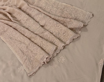 Fine Georgette Tan Chikankari Saree with Mukaish/ Hand Embroidered / Free Shipping in US