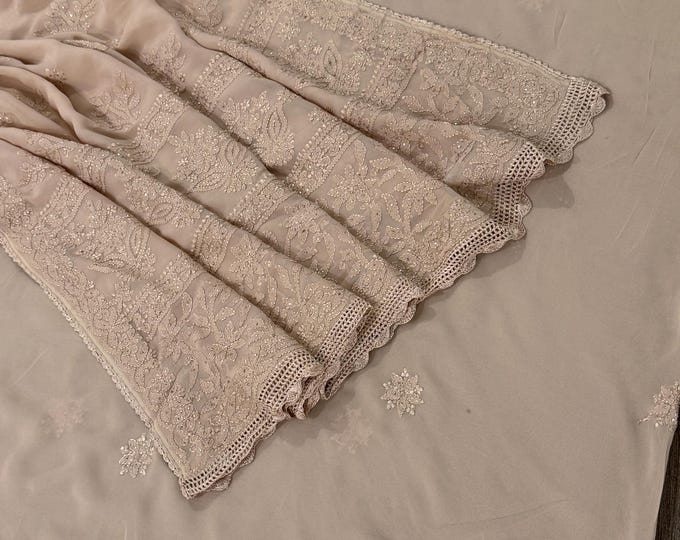 Fine Georgette Tan Chikankari Saree with Mukaish/ Hand Embroidered / Free Shipping in US