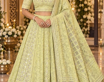 Pure Georgette Chikankari Lehenga Set / Hand Embroidered with Mukaish / Free Shipping in US