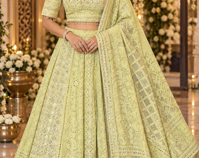Pure Georgette Chikankari Lehenga Set / Hand Embroidered with Mukaish / Free Shipping in US