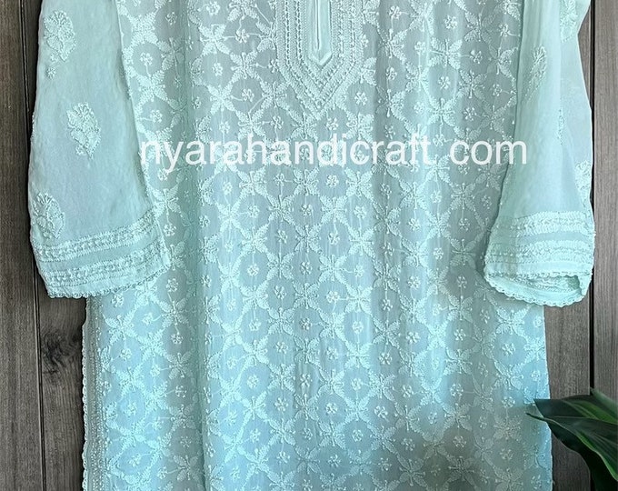 Lucknow Chikankari Mint Green Kurta on Georgette / Liner included/ Free Shipping in US