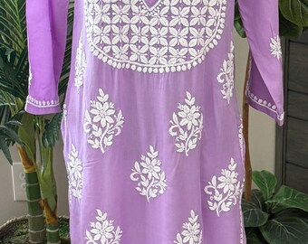 Lavender Chikankari Modal Kurta  / Hand embroidered/Free Shipping in US
