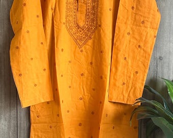 Orange Chikankari Cotton Kurta for Men / Hand Embroidered / Free Shipping in US