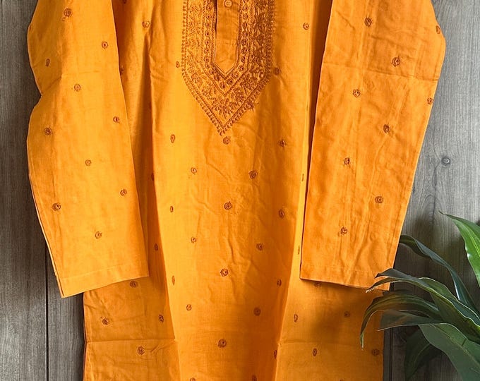 Orange Chikankari Cotton Kurta for Men / Hand Embroidered / Free Shipping in US