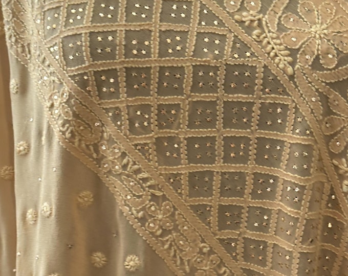 Chikankari Beige Pure Georgette Dupatta with Mukaish / Free Shipping in US