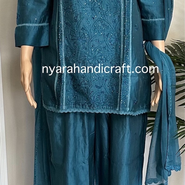 Blue Chikankari Pants with Short Top and Dupatta /Pure Chanderi Silk /Free Shipping in US