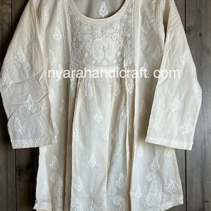 Chikankari Short A line Blouse / Kurti / Pure Cotton / Ecru Hand Embroidered Top /Free Shipping in US