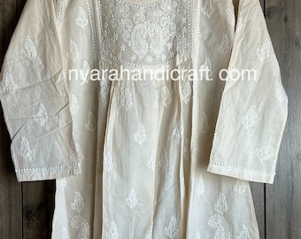 Chikankari Short A line Blouse / Kurti / Pure Cotton / Ecru Hand Embroidered Top /Free Shipping in US