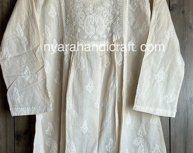 Chikankari Short A line Blouse / Kurti / Pure Cotton / Ecru Hand Embroidered Top /Free Shipping in US