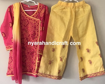 Kids-wear Chikankari Pure Cotton Kurta Palazzo for Girls/ Free Shipping in US