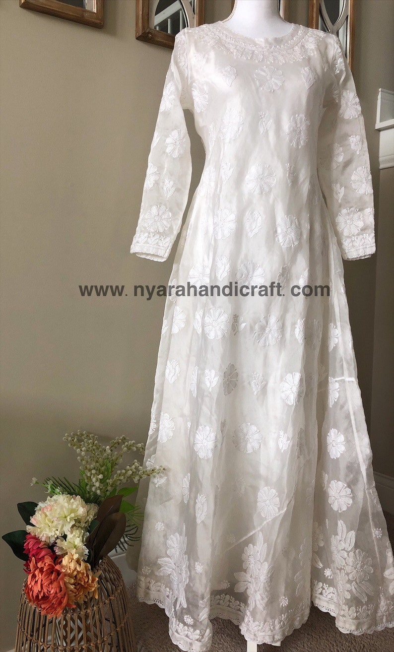 Chikankari White Anarkali on Organza/Includes liner/Free | Etsy