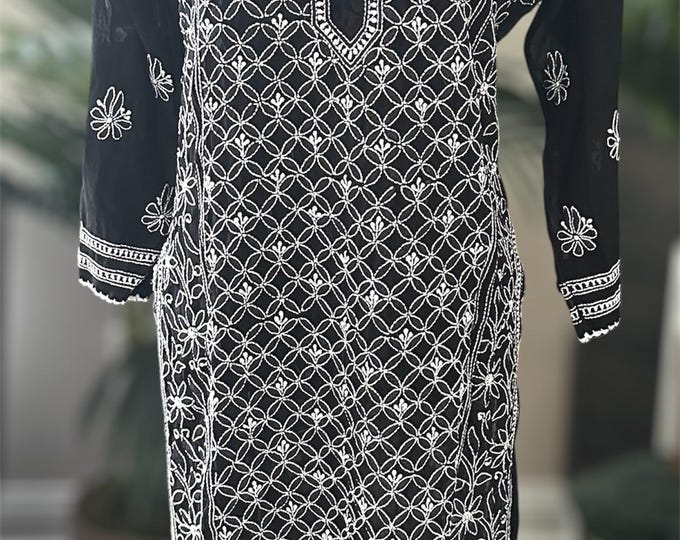 Black Lucknow Chikankari Kurta /Liner Included/ Free Shipping in US