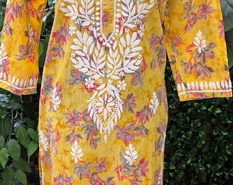 Yellow Floral Print Chikankari Kurta / Free Shipping in US