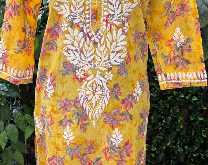 Yellow Floral Print Chikankari Kurta / Free Shipping in US