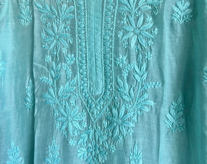 Lucknow Chikankari Pure Muslin Kurta and Linen Dupatta / Free Shipping In US