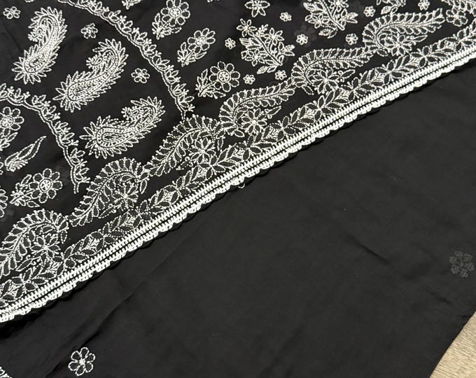 Black Chikankari Cotton Saree  / Petticoat included / Free Shipping in US