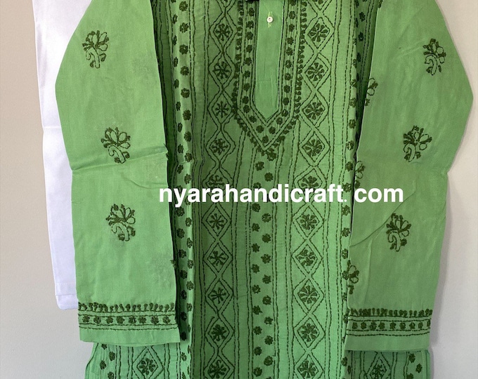 Boys pure cotton Green Kurta Pajama set with Chikankari hand embroidery/ Free Shipping