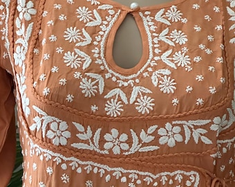Muslin Chikankari High Slit Kurta  / Orangy Peach / Hand embroidered/ FREE SHIPPING in US