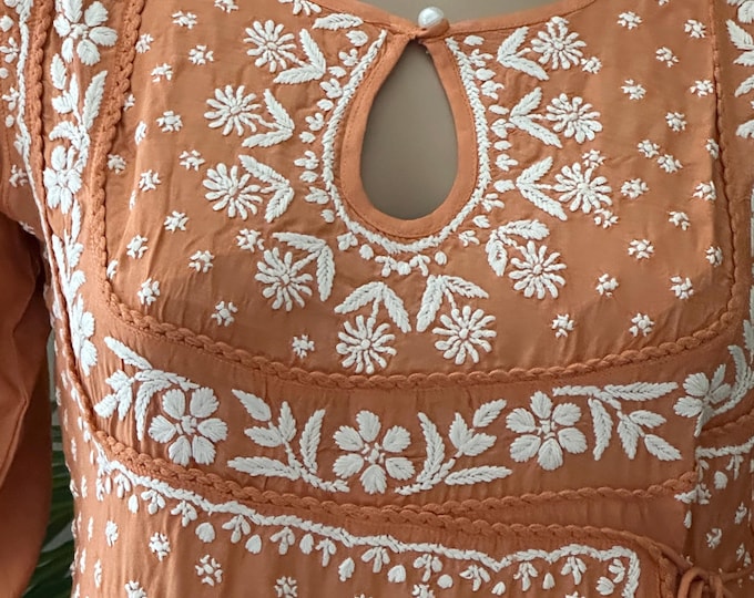 Muslin Chikankari High Slit Kurta  / Orangy Peach / Hand embroidered/ FREE SHIPPING in US