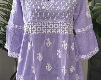 Chikankari Lavender Pure Cotton Blouse / Short Kurti /  Hand Embroidered/Ships from Ohio
