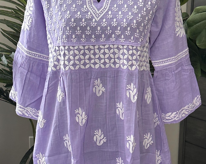 Chikankari Lavender Pure Cotton Blouse / Short Kurti /  Hand Embroidered/Ships from Ohio