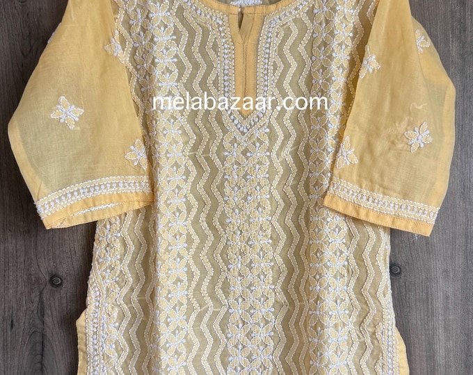 Mango Yellow Chikankari Girls Kurta Pants Set / Soft Cotton /Free Shipping in US