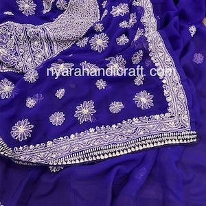 Royal Blue Chikankari Saree on Georgette / Mukaish Work / Petticoat included /Free Shipping