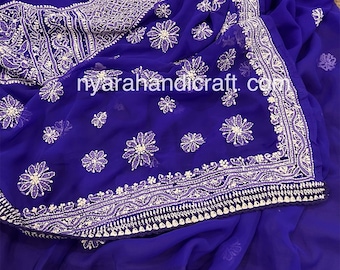 Royal Blue Chikankari Saree on Georgette / Mukaish Work / Petticoat included /Free Shipping