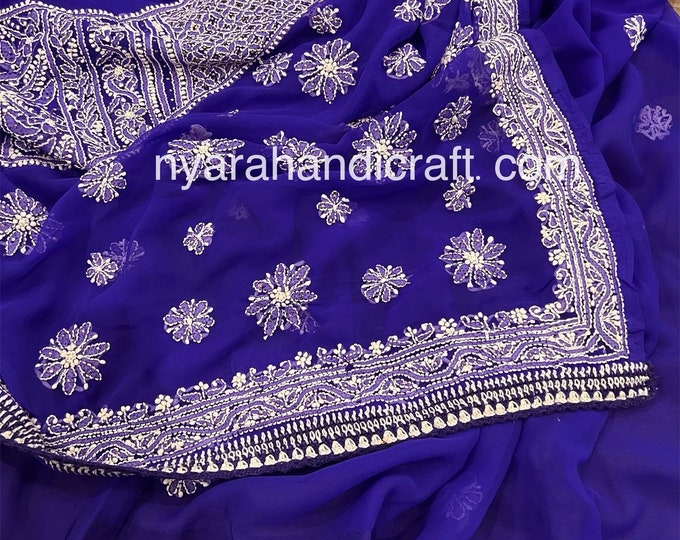 Royal Blue Chikankari Saree on Georgette / Mukaish Work / Petticoat included /Free Shipping