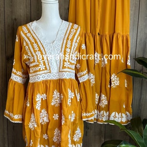 Kurta y gharara cortos Lucknow Chikankari / Amarillo mostaza / Envío gratuito a EE. UU.