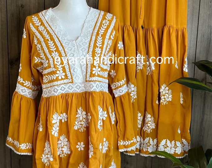 Lucknow Chikankari Short Kurta and Gharara / Mustard Yellow / Free Shipping in US